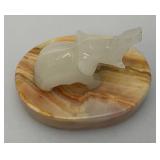 Small Miniature Stone Carved Elephant On Onyx Base 3' x 3 1/2'