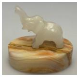 Small Miniature Stone Carved Elephant On Onyx Base 3' x 3 1/2'