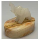 Small Miniature Stone Carved Elephant On Onyx Base 3' x 3 1/2'