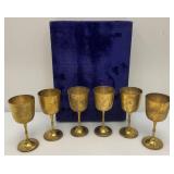 Vintage Set Of Six  Brass Goblets Marked Saudi Arabia On Bottoms With Blue Velvet Case