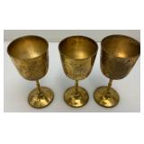 Vintage Set Of Six  Brass Goblets Marked Saudi Arabia On Bottoms With Blue Velvet Case