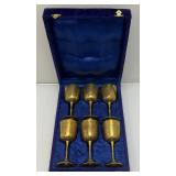 Vintage Set Of Six  Brass Goblets Marked Saudi Arabia On Bottoms With Blue Velvet Case