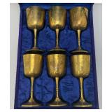 Vintage Set Of Six  Brass Goblets Marked Saudi Arabia On Bottoms With Blue Velvet Case