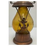 Vintage Amber Glass Anchor Adorned Lantern Musical Decanter Bottle 'How Dry I Am' Made In Japan 11.5' Tall (Music Box Needs Work)