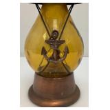 Vintage Amber Glass Anchor Adorned Lantern Musical Decanter Bottle 'How Dry I Am' Made In Japan 11.5' Tall (Music Box Needs Work)