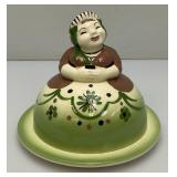 Vintage CLEMINSONS Round Covered Butter Dish Green California Art Pottery Butter Maid