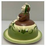 Vintage CLEMINSONS Round Covered Butter Dish Green California Art Pottery Butter Maid