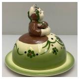 Vintage CLEMINSONS Round Covered Butter Dish Green California Art Pottery Butter Maid