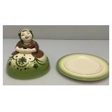 Vintage CLEMINSONS Round Covered Butter Dish Green California Art Pottery Butter Maid