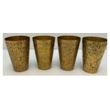 Set Of Four Heavy Oriental Solid Brass Etched Decorative Drinkware Tumblers 4.5'