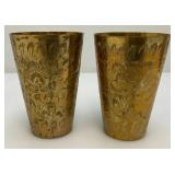 Set Of Four Heavy Oriental Solid Brass Etched Decorative Drinkware Tumblers 4.5'