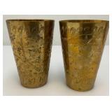 Set Of Four Heavy Oriental Solid Brass Etched Decorative Drinkware Tumblers 4.5'