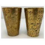 Set Of Four Heavy Oriental Solid Brass Etched Decorative Drinkware Tumblers 4.5'