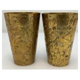 Set Of Four Heavy Oriental Solid Brass Etched Decorative Drinkware Tumblers 4.5'