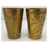Set Of Four Heavy Oriental Solid Brass Etched Decorative Drinkware Tumblers 4.5'
