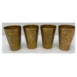 Set Of Four Heavy Oriental Solid Brass Etched Decorative Drinkware Tumblers 4.5'