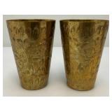 Set Of Four Heavy Oriental Solid Brass Etched Decorative Drinkware Tumblers 4.5'