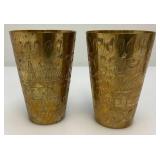 Set Of Four Heavy Oriental Solid Brass Etched Decorative Drinkware Tumblers 4.5'