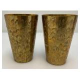 Set Of Four Heavy Oriental Solid Brass Etched Decorative Drinkware Tumblers 4.5'
