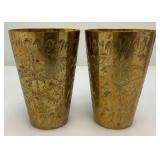 Set Of Four Heavy Oriental Solid Brass Etched Decorative Drinkware Tumblers 4.5'