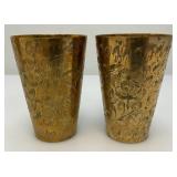 Set Of Four Heavy Oriental Solid Brass Etched Decorative Drinkware Tumblers 4.5'