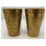 Set Of Four Heavy Oriental Solid Brass Etched Decorative Drinkware Tumblers 4.5'