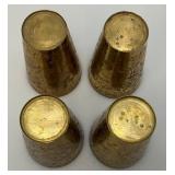 Set Of Four Heavy Oriental Solid Brass Etched Decorative Drinkware Tumblers 4.5'