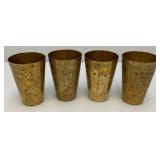 Set Of Four Heavy Oriental Solid Brass Etched Decorative Drinkware Tumblers 4.5'