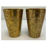 Set Of Four Heavy Oriental Solid Brass Etched Decorative Drinkware Tumblers 4.5'