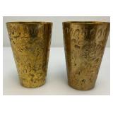 Set Of Four Heavy Oriental Solid Brass Etched Decorative Drinkware Tumblers 4.5'