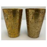 Set Of Four Heavy Oriental Solid Brass Etched Decorative Drinkware Tumblers 4.5'