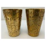 Set Of Four Heavy Oriental Solid Brass Etched Decorative Drinkware Tumblers 4.5'