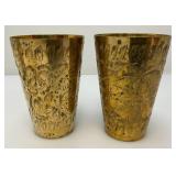 Set Of Four Heavy Oriental Solid Brass Etched Decorative Drinkware Tumblers 4.5'