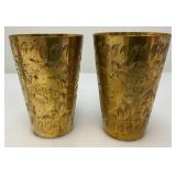 Set Of Four Heavy Oriental Solid Brass Etched Decorative Drinkware Tumblers 4.5'