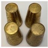 Set Of Four Heavy Oriental Solid Brass Etched Decorative Drinkware Tumblers 4.5'