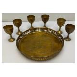 Group Of 6 Small Etched Brass Shot Cups 3' With 8 3/8' Heavy Brass Serving Tray