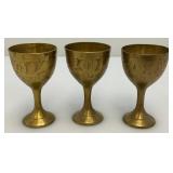 Group Of 6 Small Etched Brass Shot Cups 3' With 8 3/8' Heavy Brass Serving Tray