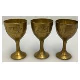 Group Of 6 Small Etched Brass Shot Cups 3' With 8 3/8' Heavy Brass Serving Tray
