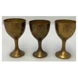 Group Of 6 Small Etched Brass Shot Cups 3' With 8 3/8' Heavy Brass Serving Tray