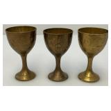 Group Of 6 Small Etched Brass Shot Cups 3' With 8 3/8' Heavy Brass Serving Tray