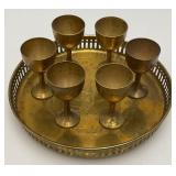 Group Of 6 Small Etched Brass Shot Cups 3' With 8 3/8' Heavy Brass Serving Tray