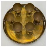 Group Of 6 Small Etched Brass Shot Cups 3' With 8 3/8' Heavy Brass Serving Tray