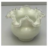 Vintage Mid Century 1960's FENTON Crimped Rim Milk Glass Bowl 4' x 5'