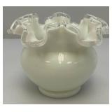 Vintage Mid Century 1960's FENTON Crimped Rim Milk Glass Bowl 4' x 5'