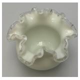 Vintage Mid Century 1960's FENTON Crimped Rim Milk Glass Bowl 4' x 5'