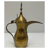 Vintage Etched Brass Turkish Dallah Coffee Pot 12' Signed With Foil label