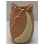 1940's Chadwick Pottery Soft Pink Vase Cream Fern leaf 8' Hollywood Glam With Paper And Foil Label