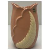 1940's Chadwick Pottery Soft Pink Vase Cream Fern leaf 8' Hollywood Glam With Paper And Foil Label
