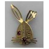 Vintage Sarah Coventry Bunny Brooch Gold Tone Red Rhinestones 2'