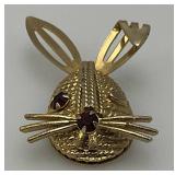 Vintage Sarah Coventry Bunny Brooch Gold Tone Red Rhinestones 2'